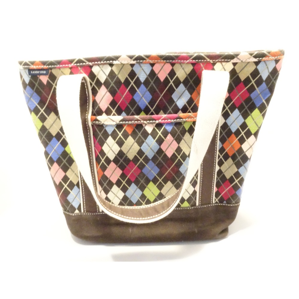 Lands End Canvas Tote Bag Argyle Multi-Color Brown Preppy Shoulder Bag